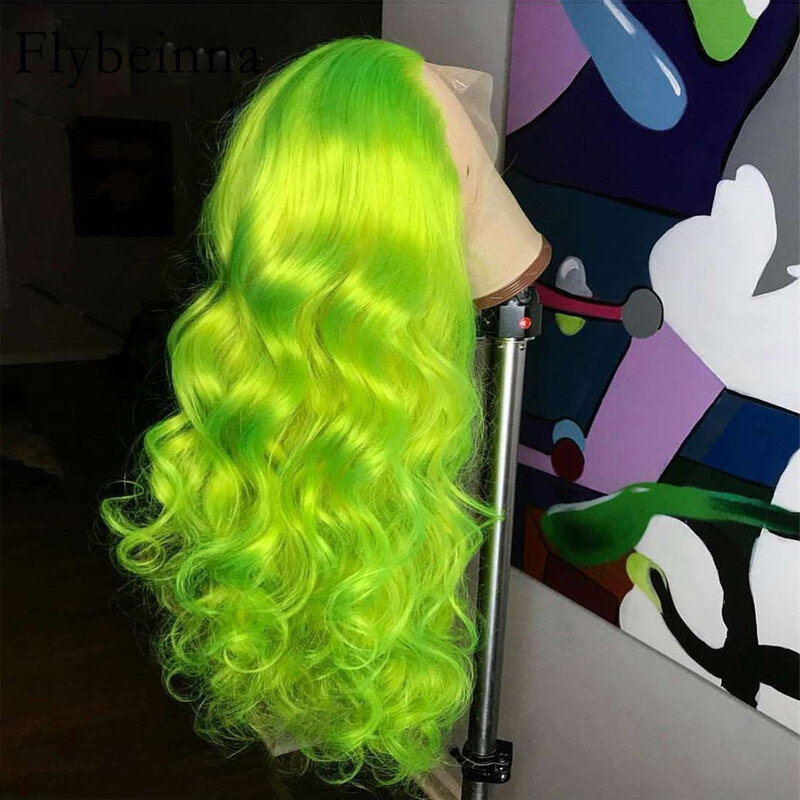 شعر مستعار بشري ريمي مموج ملون للنساء ، أخضر فاتح ، شعر مستعار أمامي بدانتيل شفاف ، 13 × 6 ، 40 بوصة ، 13 × 4 ،