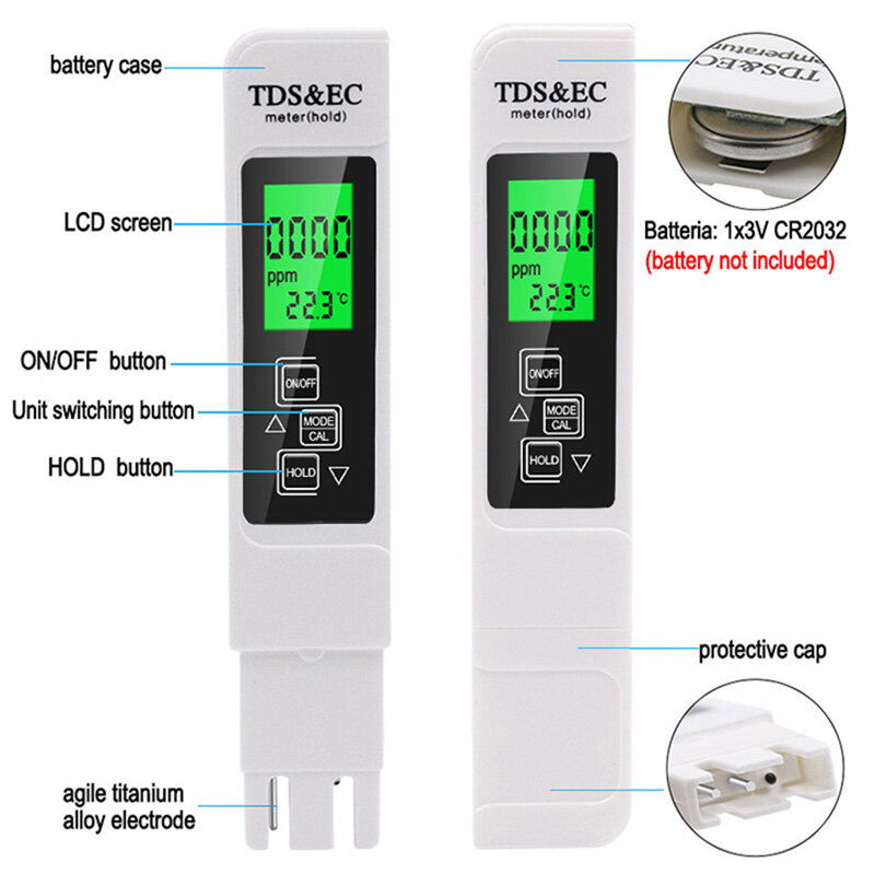 Bolígrafo de detección de calidad del agua potable para el hogar, medidor EC 2 en 1, medidor de prueba TDS