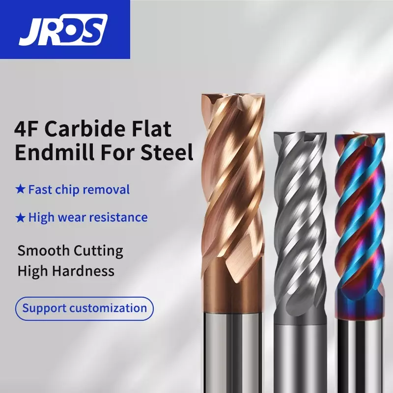 JRDS CNC 카바이드 엔드 밀, 4 플루트 텅스텐 기계 엔드 밀 도구, 금속 키 시트 페이스 라우터 비트, HRC 55 65 70 밀링 커터