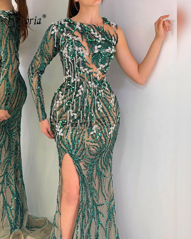 Elegante Crystal Tasssel Mermaid Evening Dress, Um ombro Lantejoula até o chão, Veja através do vestido de baile de fenda