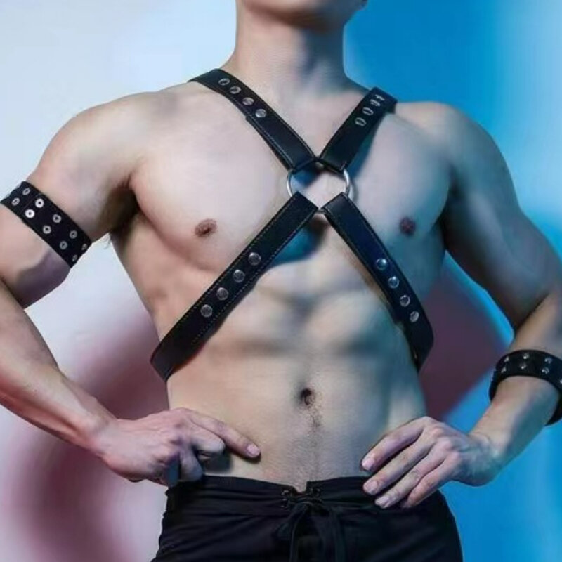 Fetish abbigliamento Gay imbracatura in pelle cinture uomo Body Bondage Harness accessori cintura da braccio Punk Rave maschile