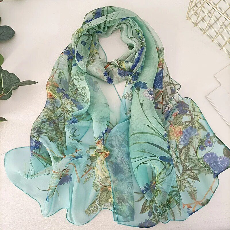 Women Elegant fashions Chiffon Georgette Bandana Scarf Flower Plants Prints Summer Beach Sunscreen Breathable Hijab Silk Scarves