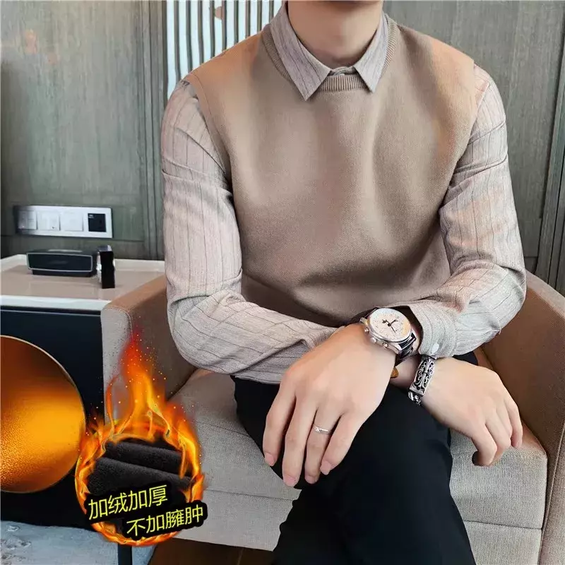 Brand Fake Two Pieces Polo Collar Sweaters for Men Winter Thickened Plush Slim Casual Knit Pullover Business Social Men Clothing