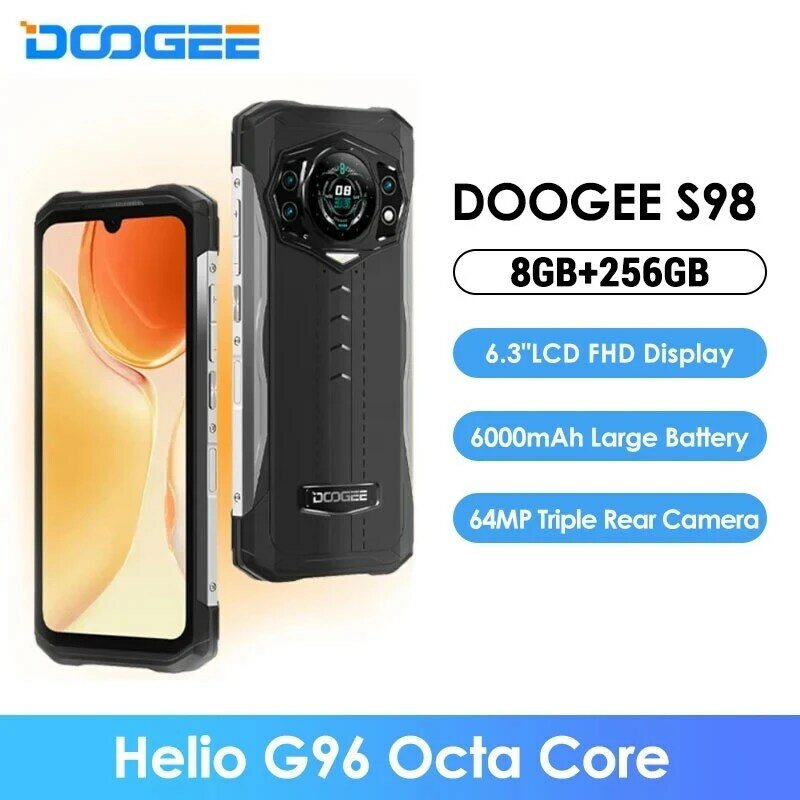 DOOGEE S98 هاتف قوي بشاشة 6.3 بوصة LCD FHD شاشة عرض مزدوجة خلفي G96 ثماني النواة 8 + 256GB 64 ميجابكسل كاميرا هاتف خلوي 6000mAh هاتف ذكي