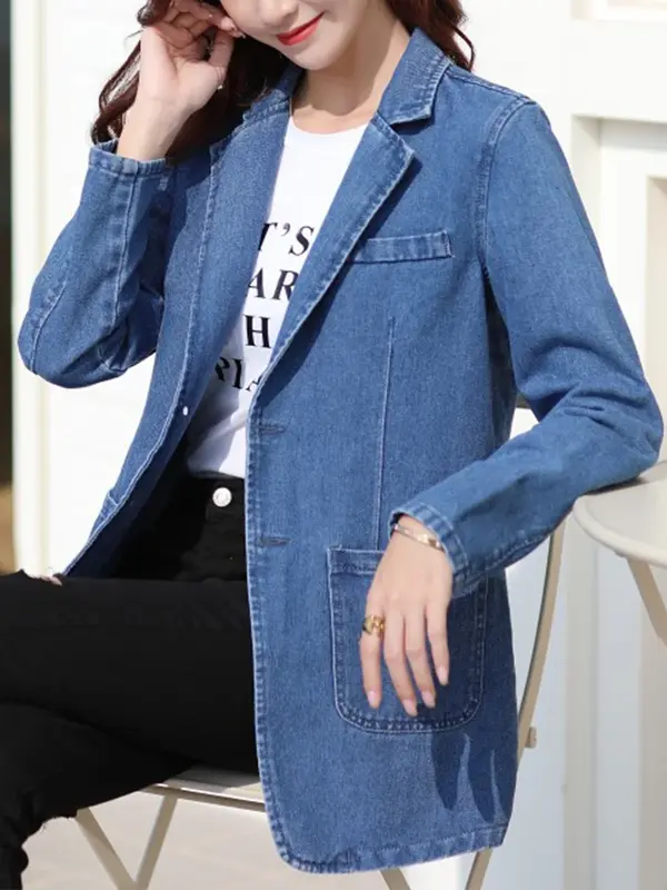 Jaqueta jeans de peito único feminina, bolsos casuais vintage feminino, blazer Jean monocromático, primavera, moda outono