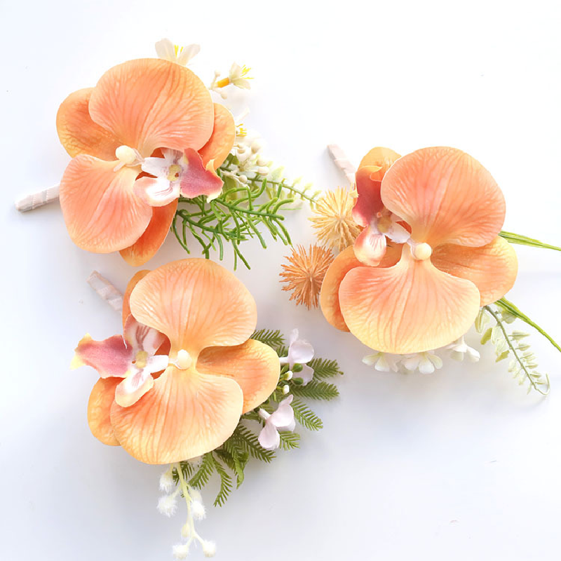 Fournitures de mariage pour invités de banquet, fleur simulée, fleur de poitrine du marié et de la mariée, fleur à main, poudre de pêche, 2403