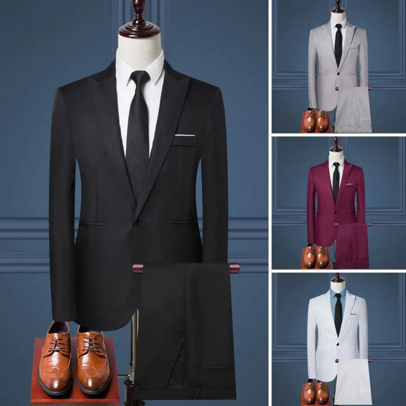 남성용 비즈니스 작업복 세트, 단색, 라펠 슬림핏 바지, 전문 사무실 복장, 세련된 룩