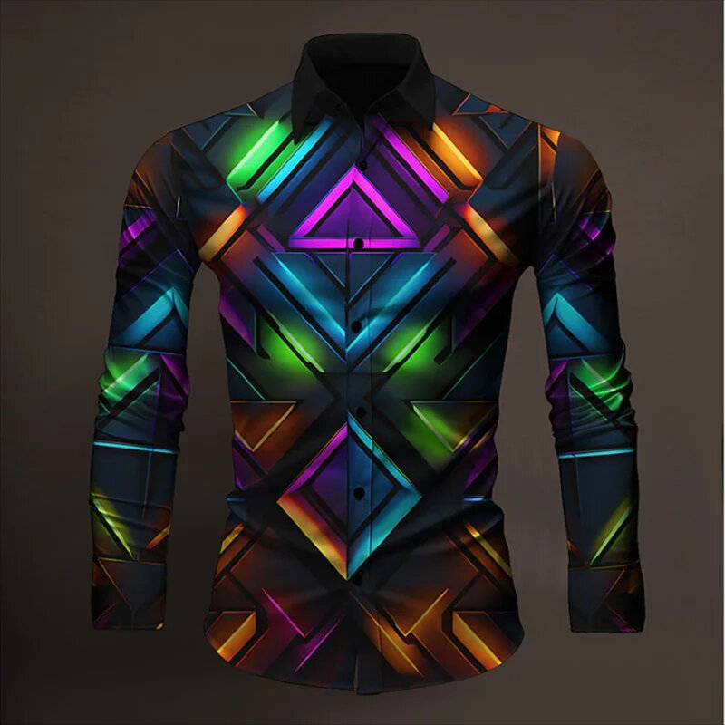 2024 Nowa koszula męska Topy hawajskie Druk cyfrowy 3D Tęczowy świecący wzór HD Casualowa modna koszula z długim rękawem