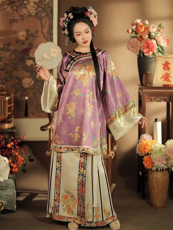 Oryginalna dynastia Qing damska Hanfu klasyczny skośny kołnierzyk wokół szyi drukowanie Han kostium dziewczęcy styl pałacowy zestaw spódnic z twarzą konia