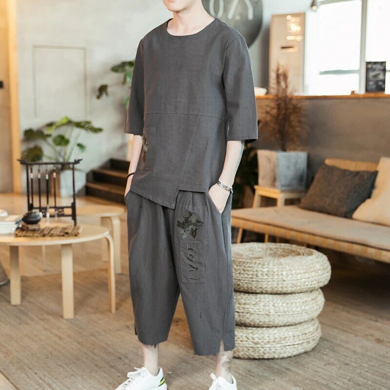 Stickerei im chinesischen Stil zweiteiliges Set Baumwolle T-Shirt für Männer kurze Sets lose lässige waden lange Hose Sommer bequem