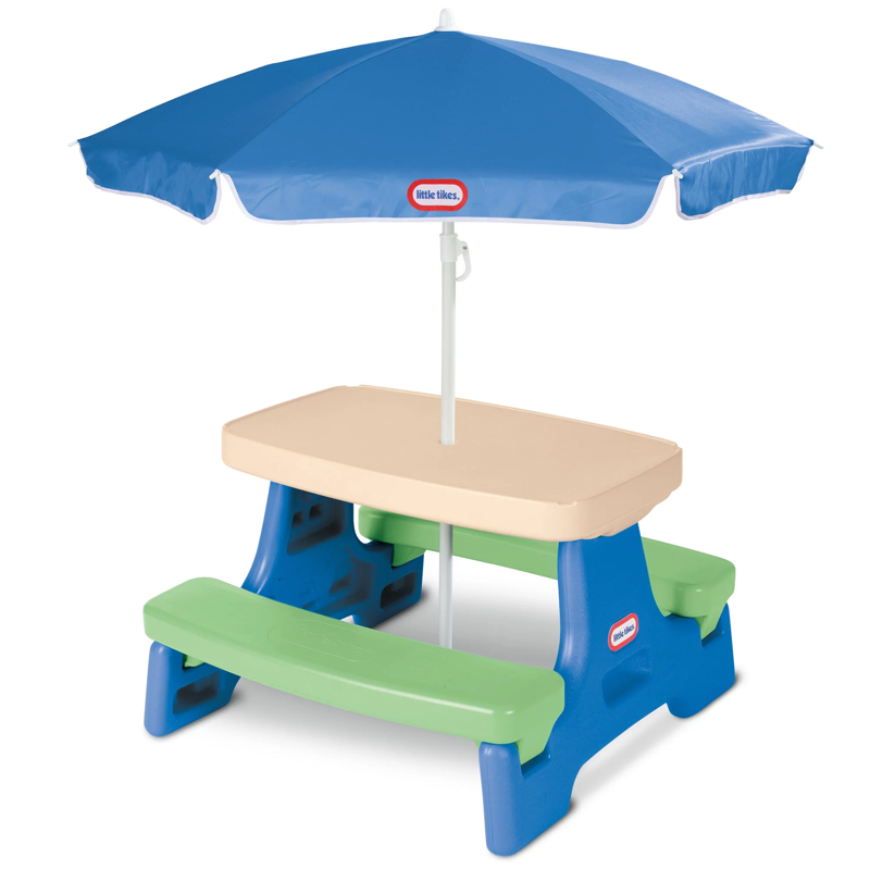 BOUSSAC Easy Store Jr. Mesa de piquenique com guarda-chuva, azul e verde-Play Table With Umbrella, para crianças