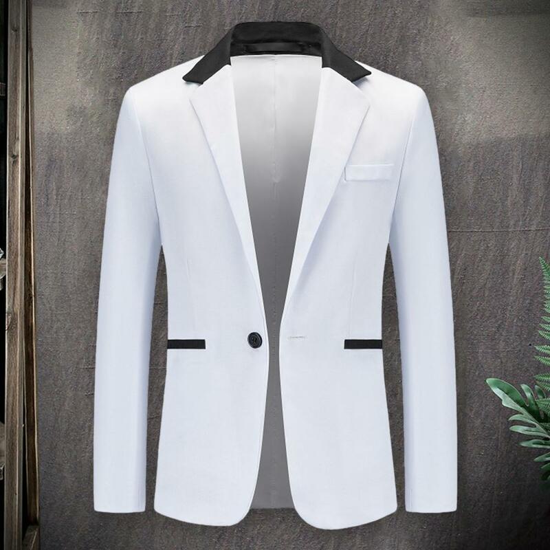 Jaqueta com retalhos de cores masculina, lapela, manga comprida, bolsos, casaco justo, blazer de um botão, casual, 2024