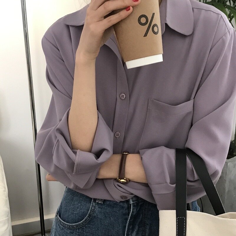 Women Blouses Long Sleeve Turn Down Collar Denim Shirt Single Breasted Button Pockets Loose Casual Winter 2024 Solid Color