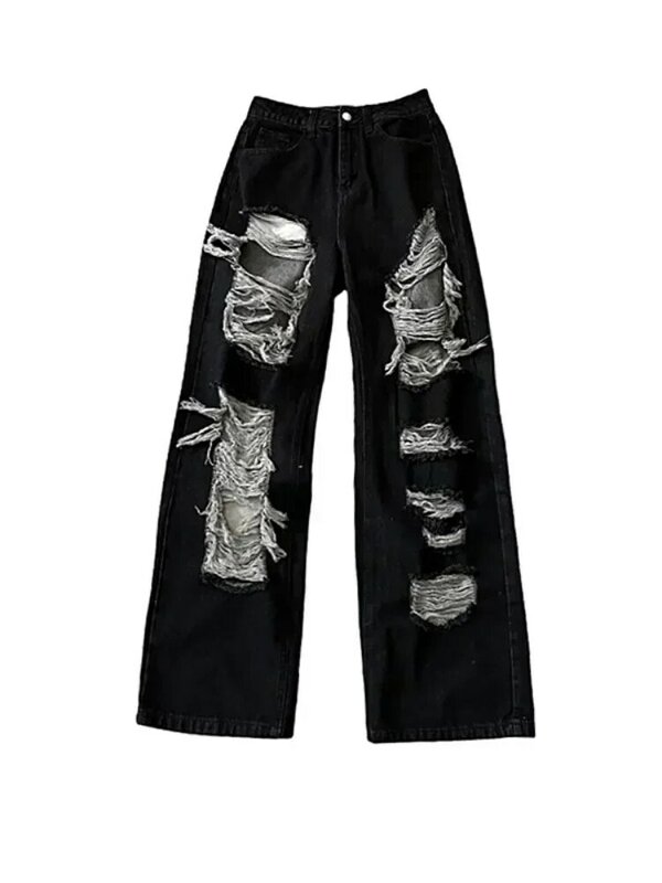 High Waist Ripped Jeans for Women, Baggy Streetwear, Wide Leg Pants, Casual Denim Trousers, Harajuku Fashion, Black, Y2k, 2024
