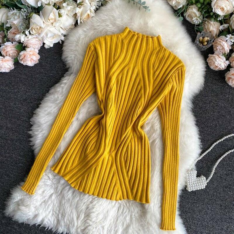 Pullover Ribbed Knitted Sweater Autumn Winter Clothes Women 2023 High Neck Long Sleeve Slim Basic Woman Sweaters Tops