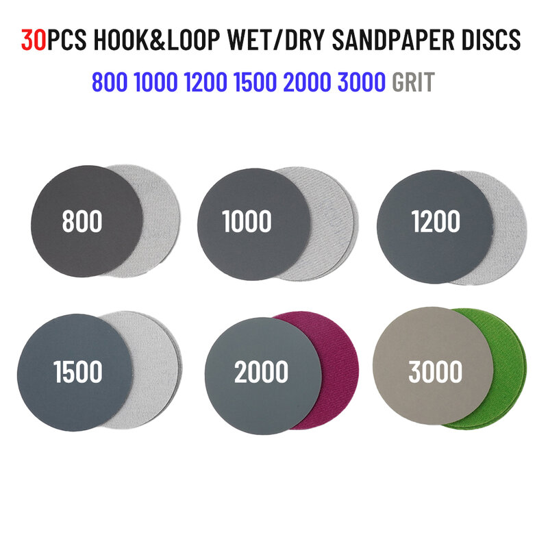 30 pz 3 pollici 75mm disco abrasivo Wet/Dry carta vetrata 800/1000/1200/1500/2000/3000 grana Hook-Loops dischi levigatrice per levigatura lucidatura