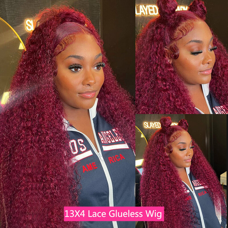 Glueless Pre Plucked Human Hair Wigs Curly 13x4 Lace Frontal Wig 99J Burgundy Deep Wave Human Hair Wigs Red Colored Brazilian