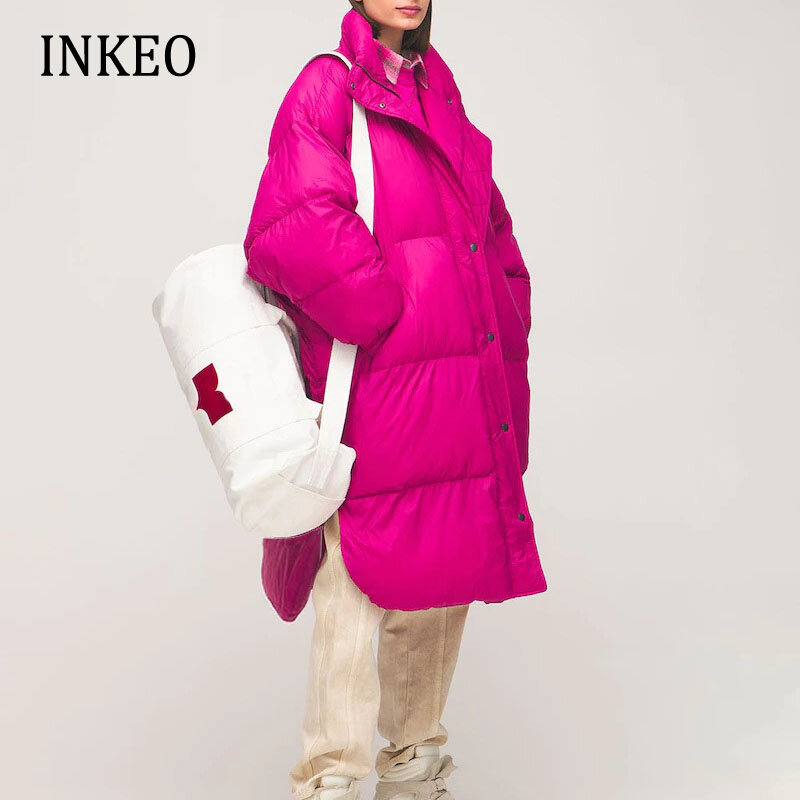 INKEO-Chaqueta larga de plumón de pato para mujer, abrigo holgado, grueso y liso, con cinturón blanco, 1O349