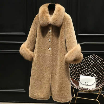 Autunno lusso finto collo di pelliccia di volpe giacca da donna vera lana cappotti di pelliccia lungo caldo Shearling di pecora cappotto invernale giacca