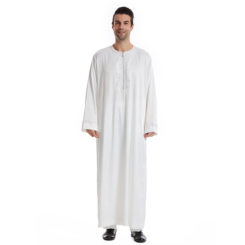 Arabische nationale Stil Männer Robe einfache Rundhals ausschnitt halben Reiß verschluss Freizeit kleidung Herbst Mode solide lang ärmel ige Gentleman Kaftan