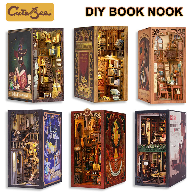 CUTEBEE Kit Nook buku ajaib DIY, rumah boneka dengan lampu 3D, masukkan rak buku, mainan Model toko buku abadi untuk hadiah ulang tahun dewasa