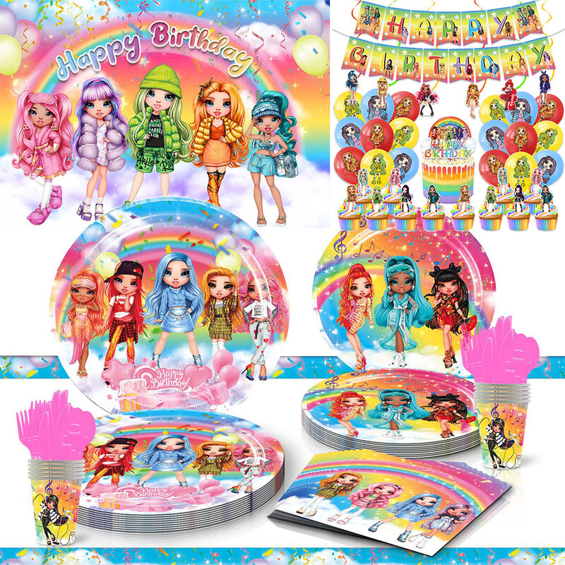Muñeca arcoíris de estilo Y2K para niña, decoración de fiesta de cumpleaños, globo de música, vajilla desechable, regalo para Baby Shower