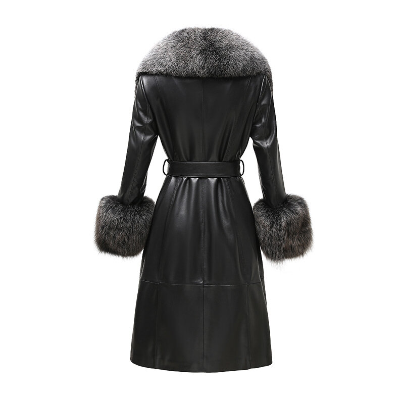 Abrigo de piel de oveja auténtica para mujer, gabardina larga con cuello de piel de zorro, puño de lujo a prueba de viento con cinturón, novedad de invierno, GT5078, 2023