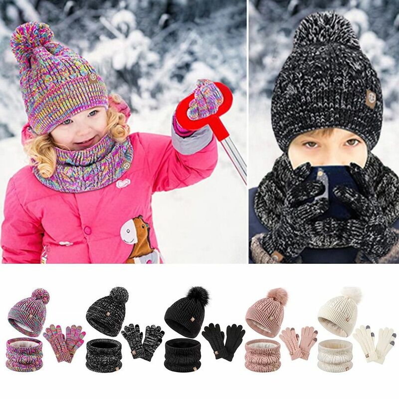 Вязаная Детская зимняя шапка, перчатки, шарф, комплект, Повседневная Теплая Шапка-бини для девочек, шапки с помпоном, гетры, варежки для холодной погоды