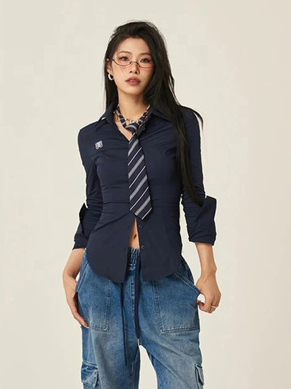 GIDYQ Y2k 스트리트웨어 화이트 셔츠, 한국 패션, 슬림 시크 타이 블라우스, 여성 고딕 웨이스트 슬리밍 캐주얼 올 매치 탑