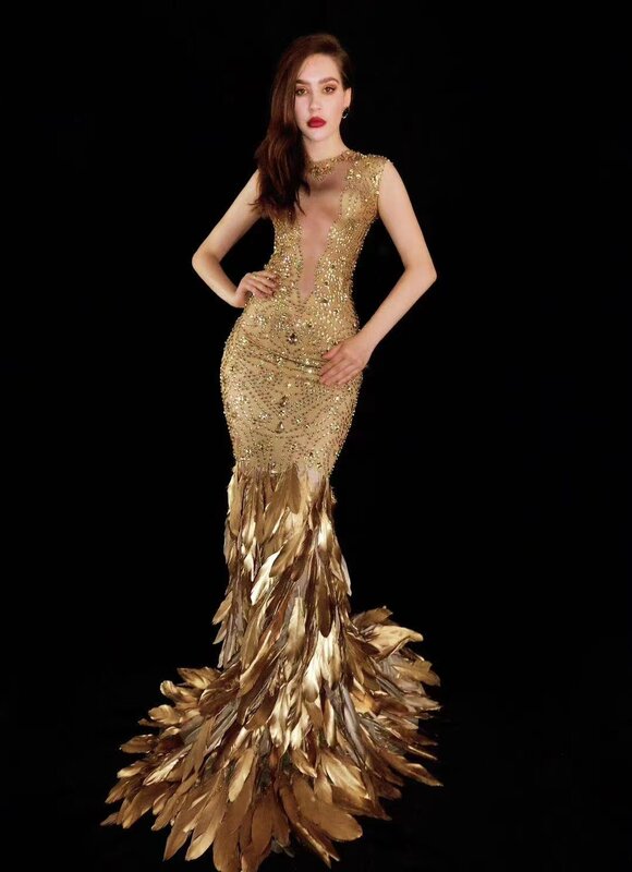 Christia vestido de Fiesta 2022เซ็กซี่ขนนกคริสตัลสีทองปาร์ตี้วันเกิดของผู้หญิง gaun Panjang Maxi งานพรอมชุดออกงานกลางคืนนางเงือก