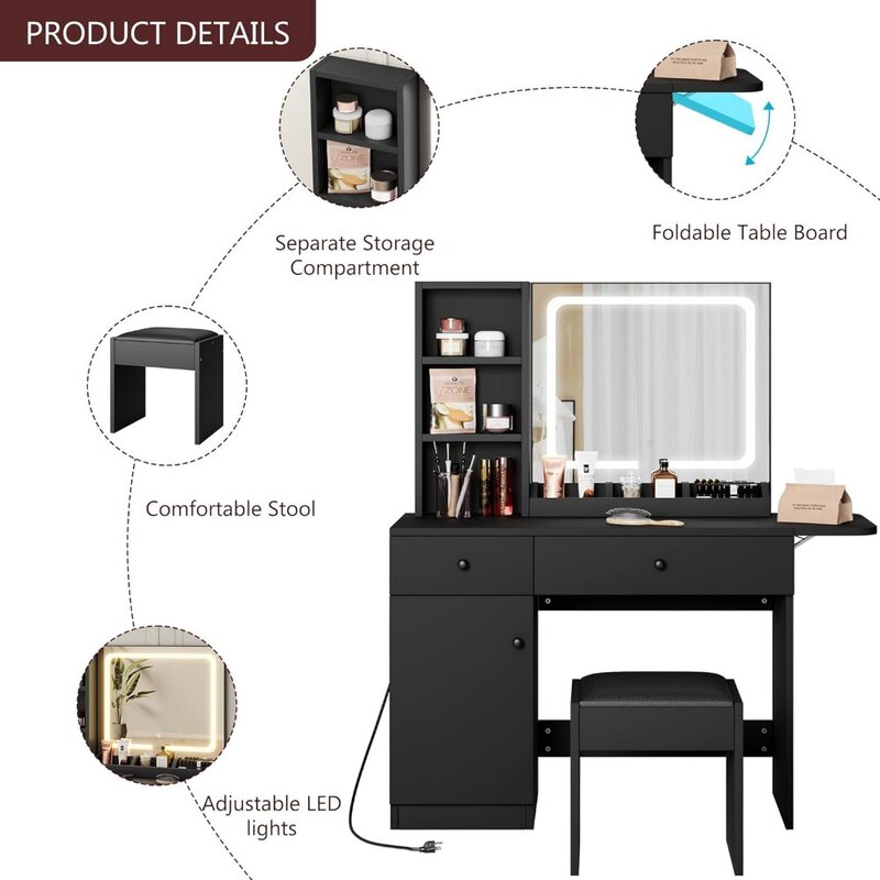 IDEALhouse-Vanity Desk com espelho e luz, grande espaço de armazenamento, 2 gavetas e 3 camadas de prateleiras abertas, 3 modos de iluminação