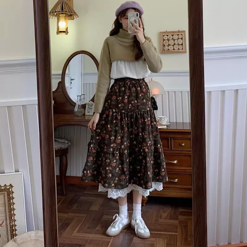 Vintage Lace Printed Skirt for Women Korean Elastic High Waist Long Skirts Woman Ruffle Pleated A Line Skirts Female