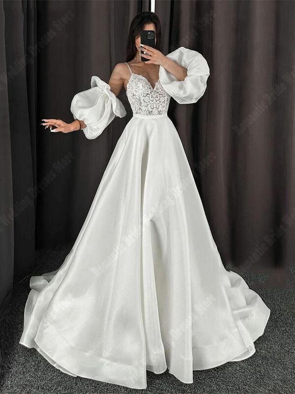 여성용 우아한 딥 V 웨딩 드레스, 부드러운 새틴 표면, A 라인 무도회 가운, 인기 공주 푹신한 밑단