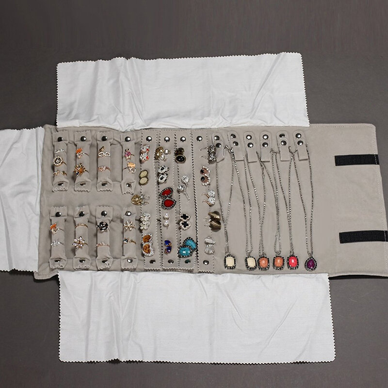 Rollo de terciopelo de lujo para joyería, anillo, pendientes, pulsera, organizador de exhibición, bolsa gris