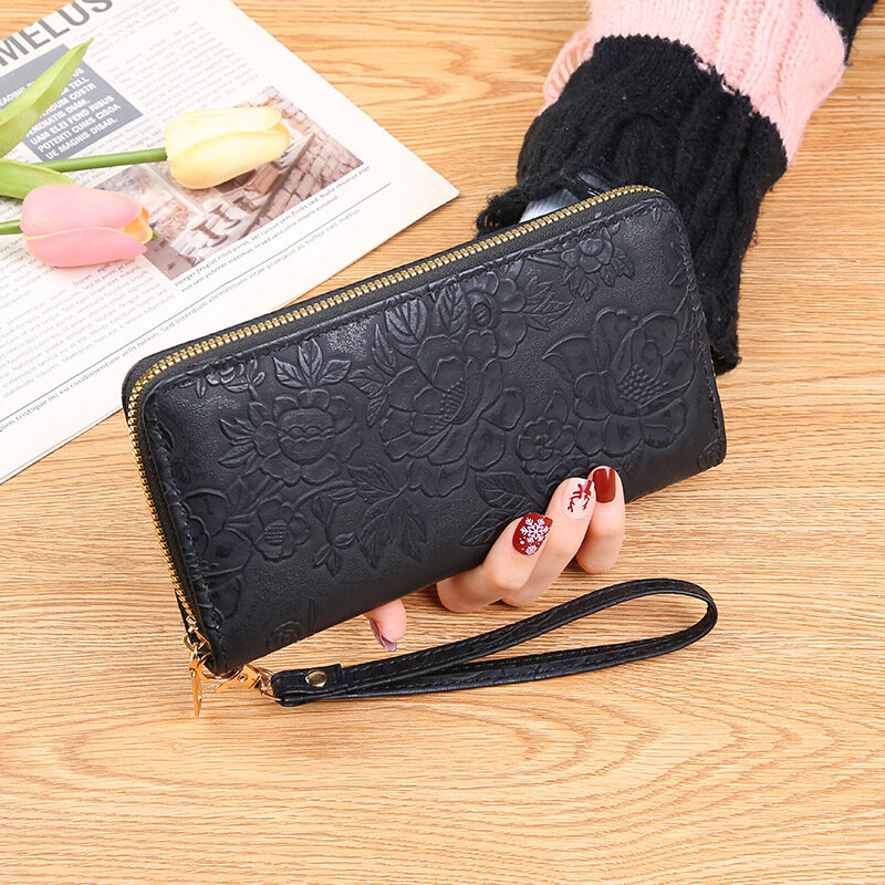 여성용 긴 지퍼 푸시, 확대 모바일 지갑, 양각 디자인, 패셔너블하고 미니멀한 돈 가방