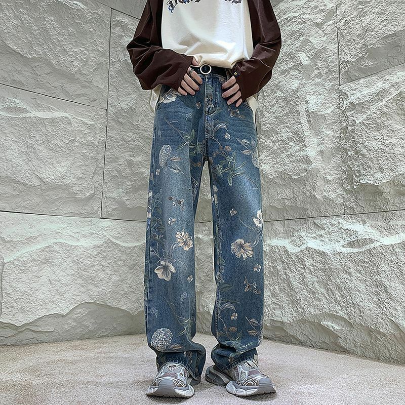 Американские ретро жареные уличные гофрированные красивые винтажные джинсы мужские осенние дизайнерские нишевые прямые брюки с широкими штанинами