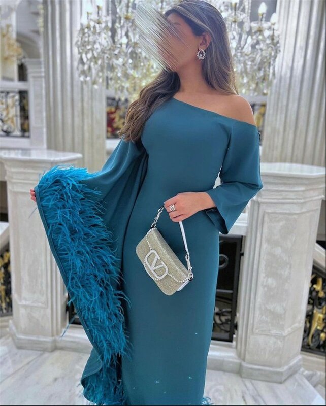 2023 neue schulter freie volle Ärmel Luxus Doppel feder Meerjungfrau Abendkleid Knöchel elegantes Ballkleid