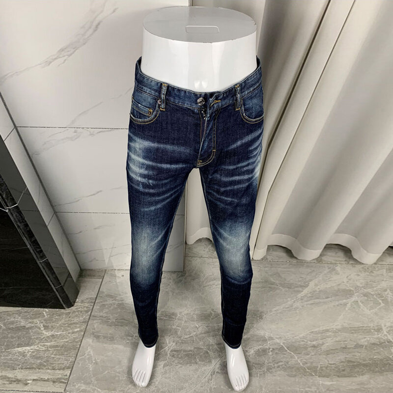 Markowe męskie dżinsy wysokiej jakości niebieskie w stylu Retro rozciągliwe dopasowanie pasujące porwane jeansy mężczyzn włoski styl spodnie dżinsowe marki Vintage