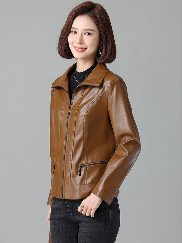 New Women Casual Moto Biker Leather Jacket Spring Autumn Fashion Turn-down Collar Long Sleeve Short Split Leather Coat