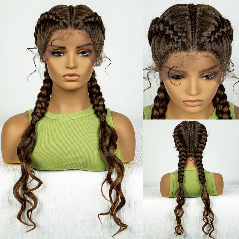 Synthetic Braided Wigs with Curly Wave for Women Lace Frontal Afro Twist Braids Wig with Baby Hair for Girls 30 Inches