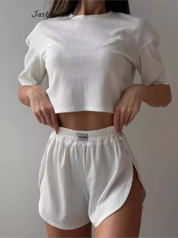 Gerippte Sommer T-Shirts Schlitz Shorts Set solide Rundhals ausschnitt T-Shirts lässige Frauen Sets 2024 neue Homewear Outfits Pyjamas
