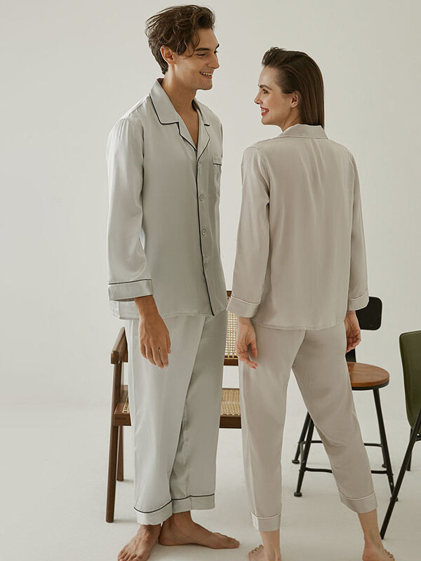 100% conjuntos de pijama de seda de manga cheia para mulheres de luxo luz cinza casa loungewear presente do dia dos namorados primavera outono pijamas