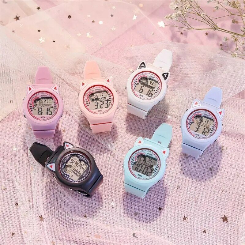 Jam tangan anak-anak kreatif jam tangan silikon anak perempuan cantik Dial telinga kucing elektronik LED jam tangan tahan air hadiah ulang tahun