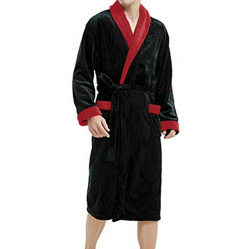 Men Winter Nightgown Thick Plush Print Coral Fleece Nightwear Long Sleeve Tie Waist Color Match Homewear Sleepwear Robe Bathrobe
