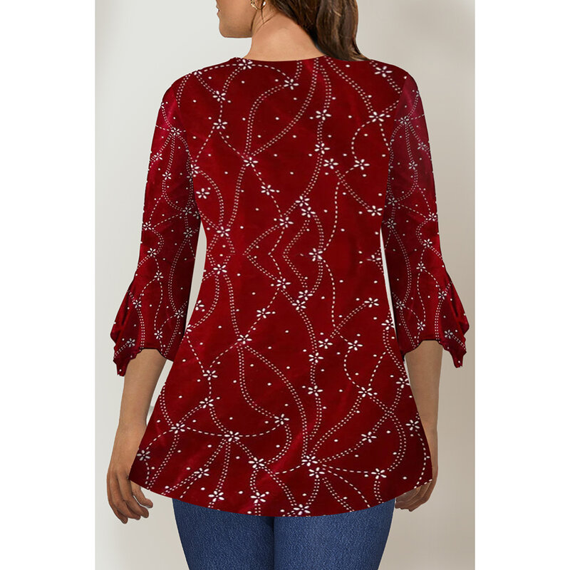 Plus Size Christmas Red Disty Floral Print 3/4 Flare Sleeve Blouse