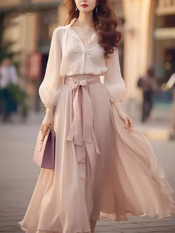 Elegant Retro French Women's Fashion Lace Up Long Sleeved Dress New Spring Sweet Beach Party Pink Women Two Piece Chiffon Dress