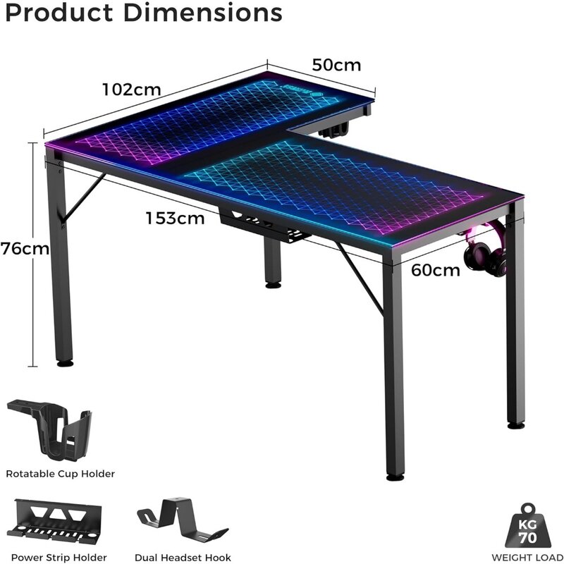 RGB LED Lights 60 Inch L Shaped Reversible Black Glass Gaming Desk Home Office Computer Table GTG L60