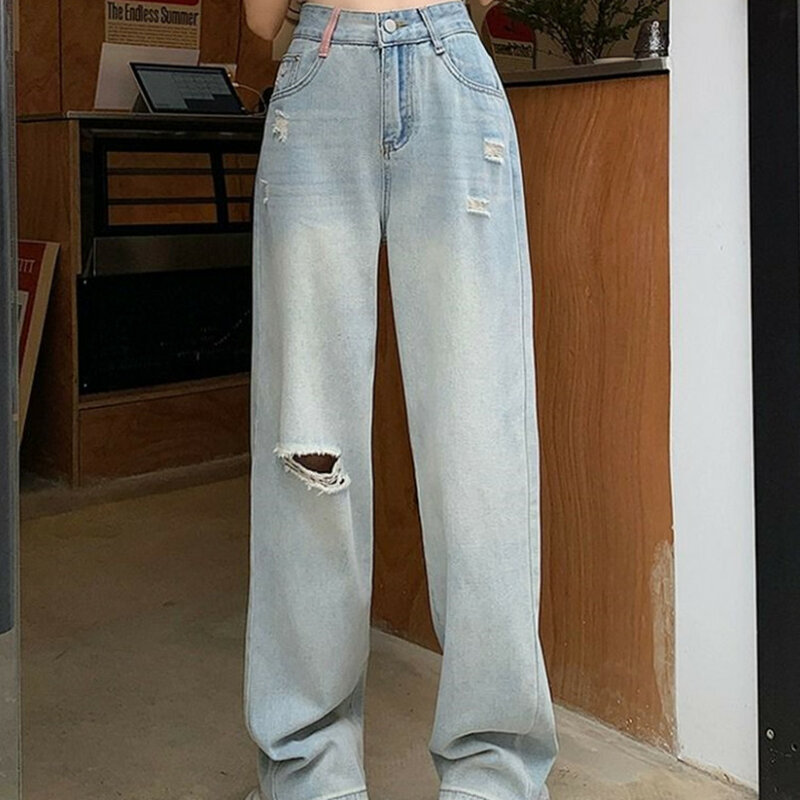 Джинсы с перфорированными широкими штанинами, узкие свободные прямые джинсы с высокой талией, корейский стиль, весна-лето 2024