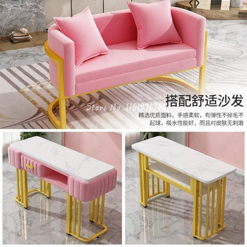 Mesa de luxo acessível para Nail Shop, luxo acessível, simples e duplo, econômico simples, moderno, imitação de mármore, mesa e cadeira