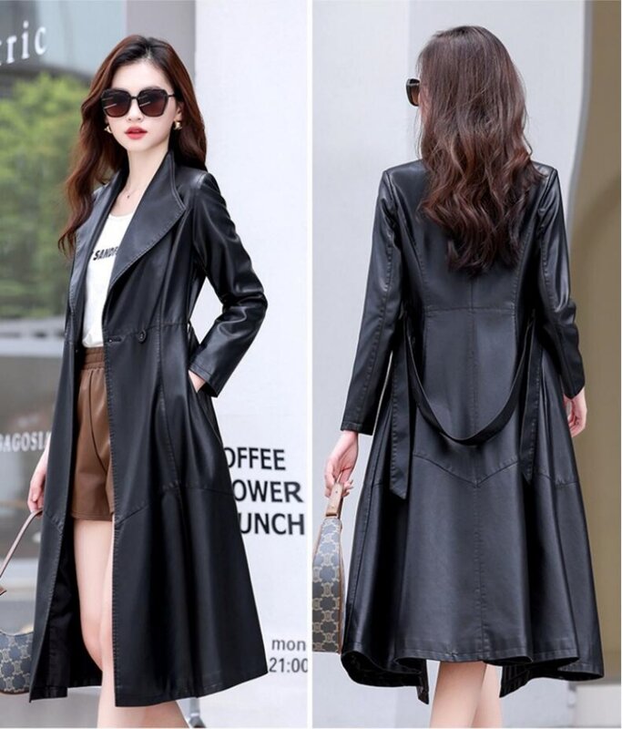 Autumn Winter Long blue Black Soft Sheepskin Leather Trench Coat for Women Belt Skirted Elegant Luxury Fashion M-5xL